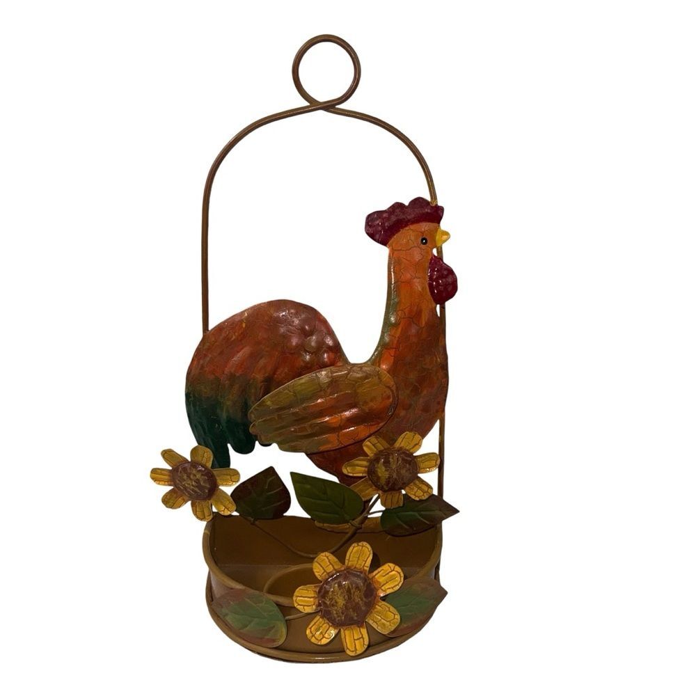 Metal Rooster & Sunflowers Wall Hanging Candle Holder Tin Decorative Chicken